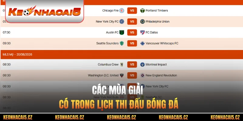 Các mùa giải có trong lịch thi đấu bóng đá